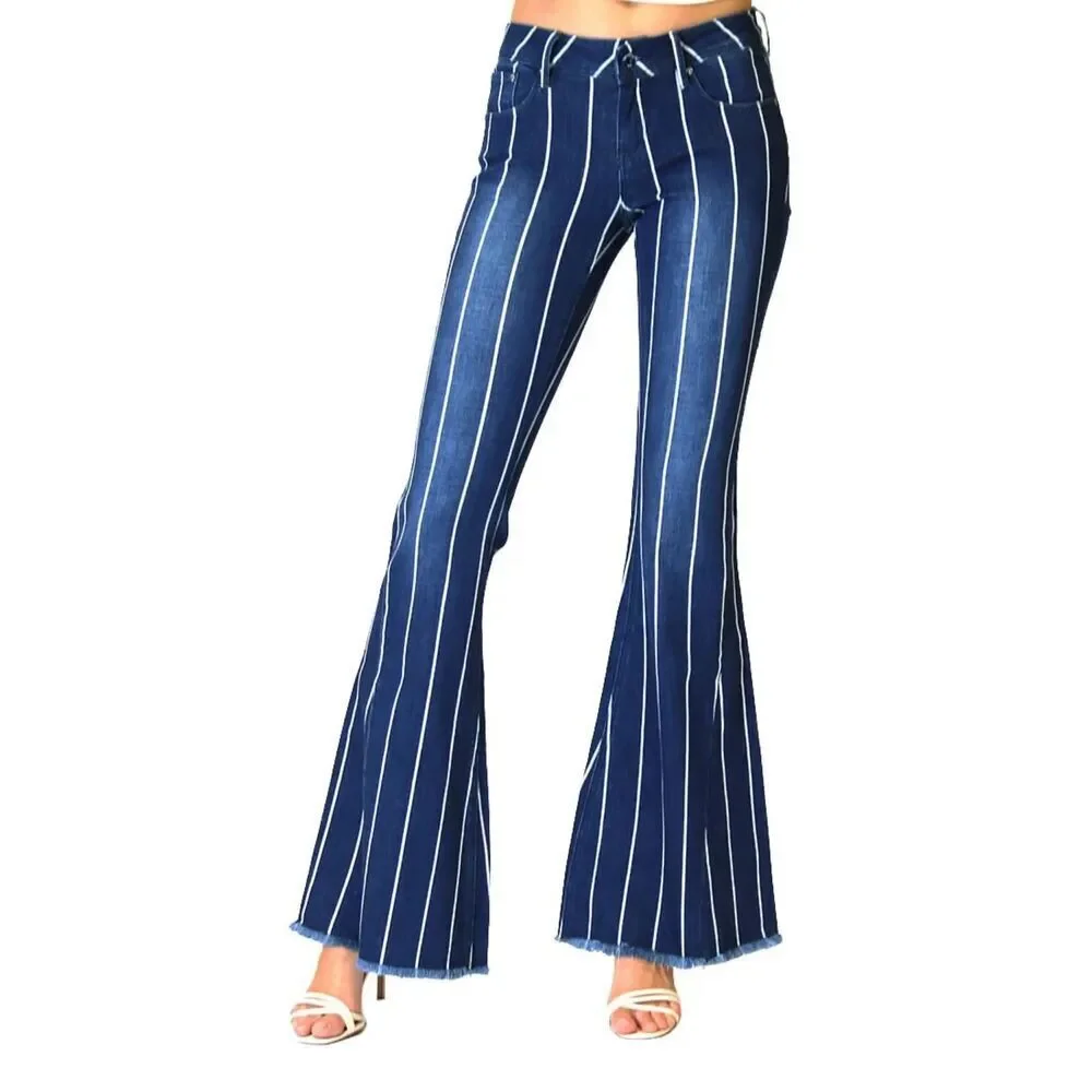 Grace in LA Women Size 25 Stripe Flare Denim Jeans Frayed Bell Bottom Western